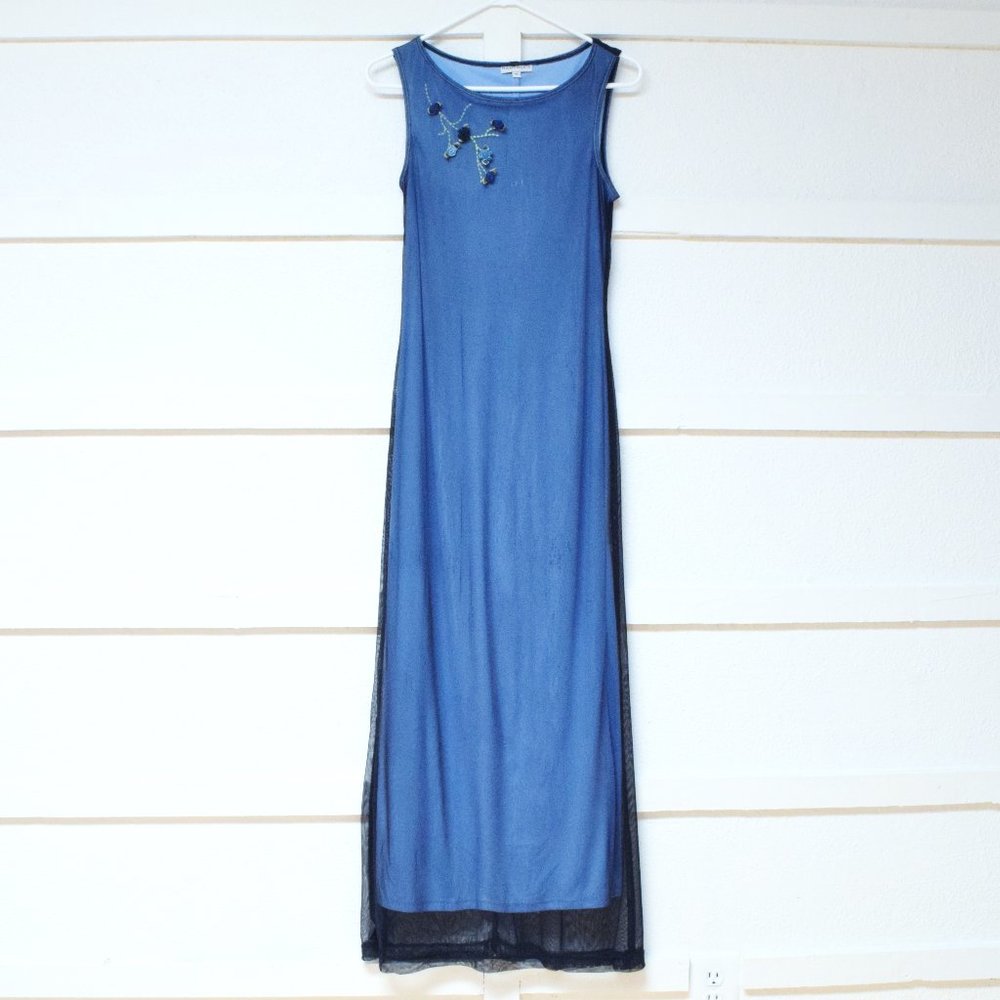 RAMPAGE Vintage 90s Mesh Overlay Floral Rose Embroidered Maxi Dress | Size S